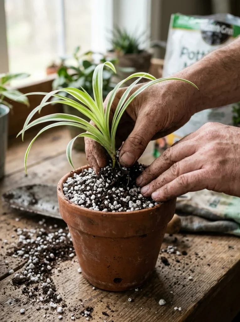 Hands repotting spider plant in well-draining soil mix with perlite