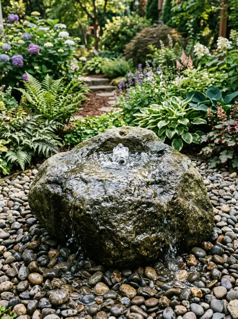 DIY rock fountain with water bubbling from a drilled stone
