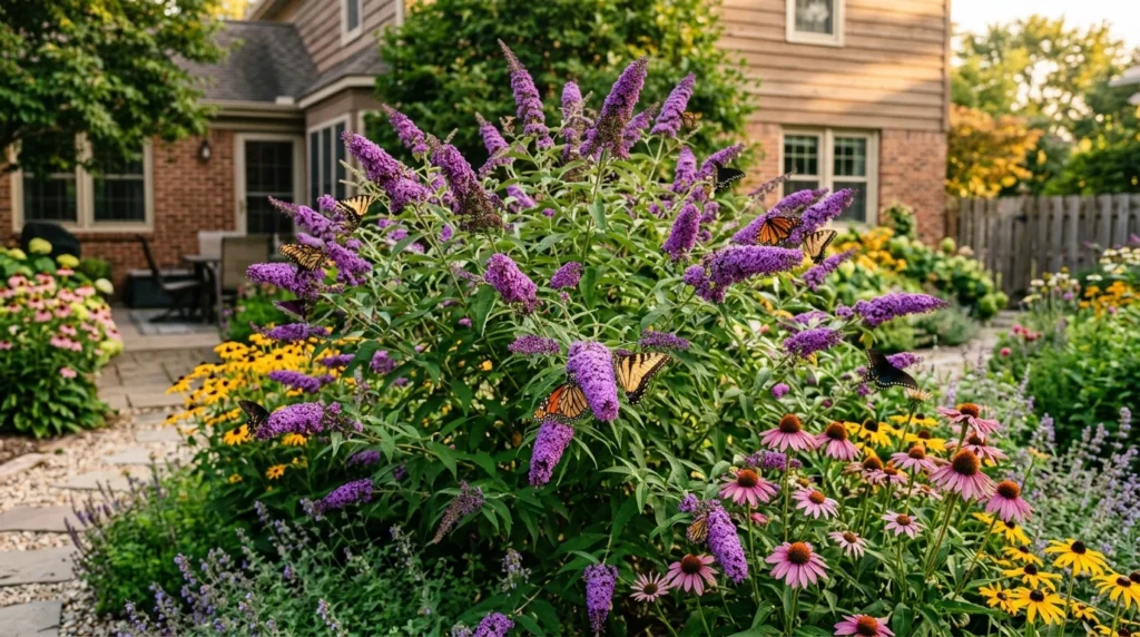 Butterfly bush landscaping ideas with purple blooms and butterflies in a sunny US garden border