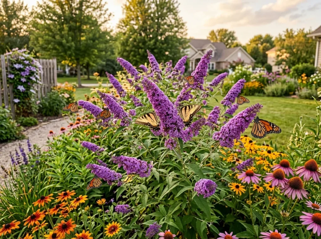 Butterfly bush landscaping ideas in a sunny US garden border with purple blooms and visiting butterflies