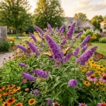 Butterfly bush landscaping ideas in a sunny US garden border with purple blooms and visiting butterflies