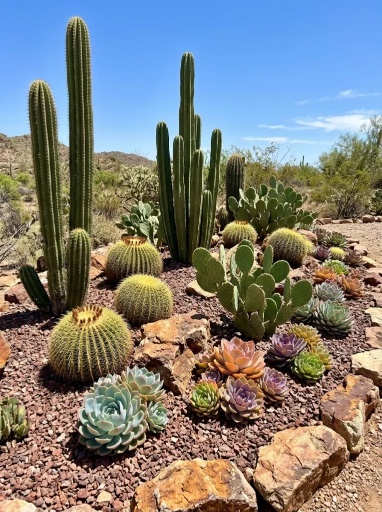 Mixed cactus and succulent rock garden with barrel cactus and echeveria 