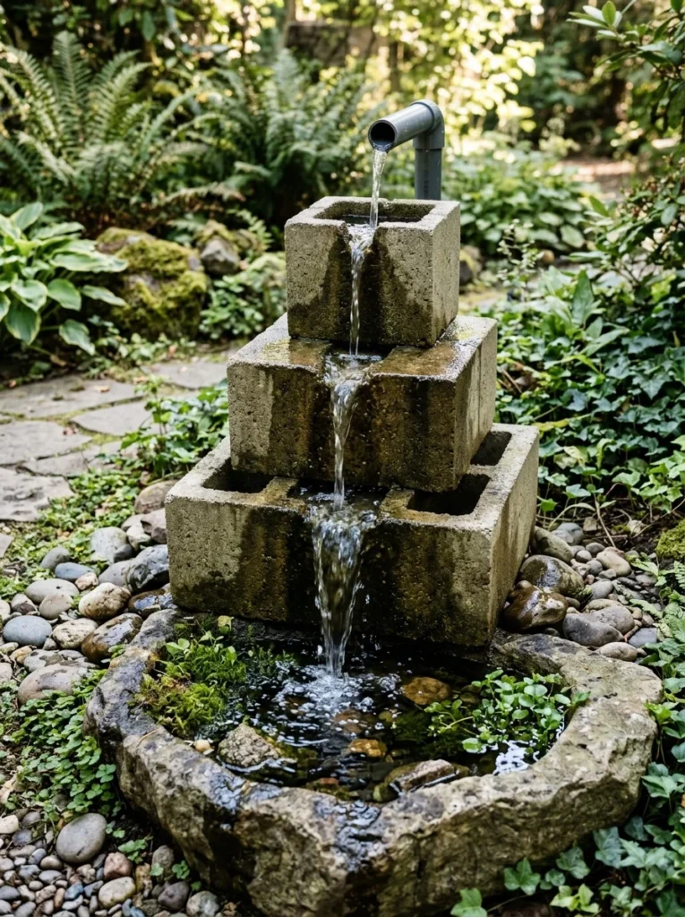 DIY tiered concrete block fountain for outdoor garden