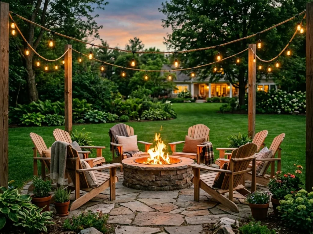 Backyard fire pit seating arrangements with Adirondack chairs in a circle around a stone fire pit at dusk