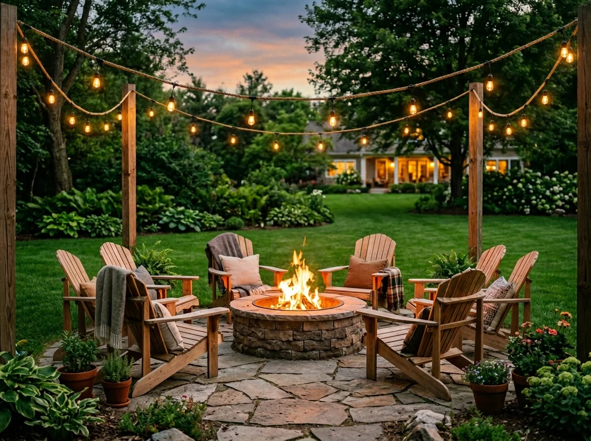 Backyard fire pit seating arrangements with Adirondack chairs in a circle around a stone fire pit at dusk