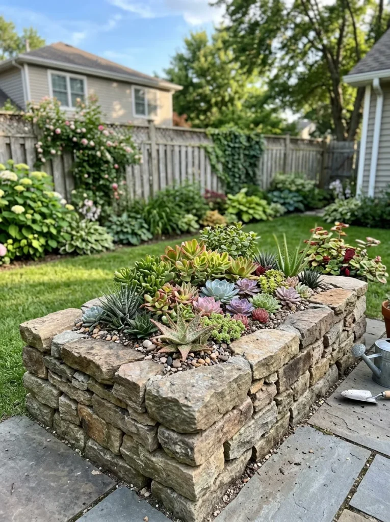 Small raised rock bed succulent garden with haworthia and jade plants 