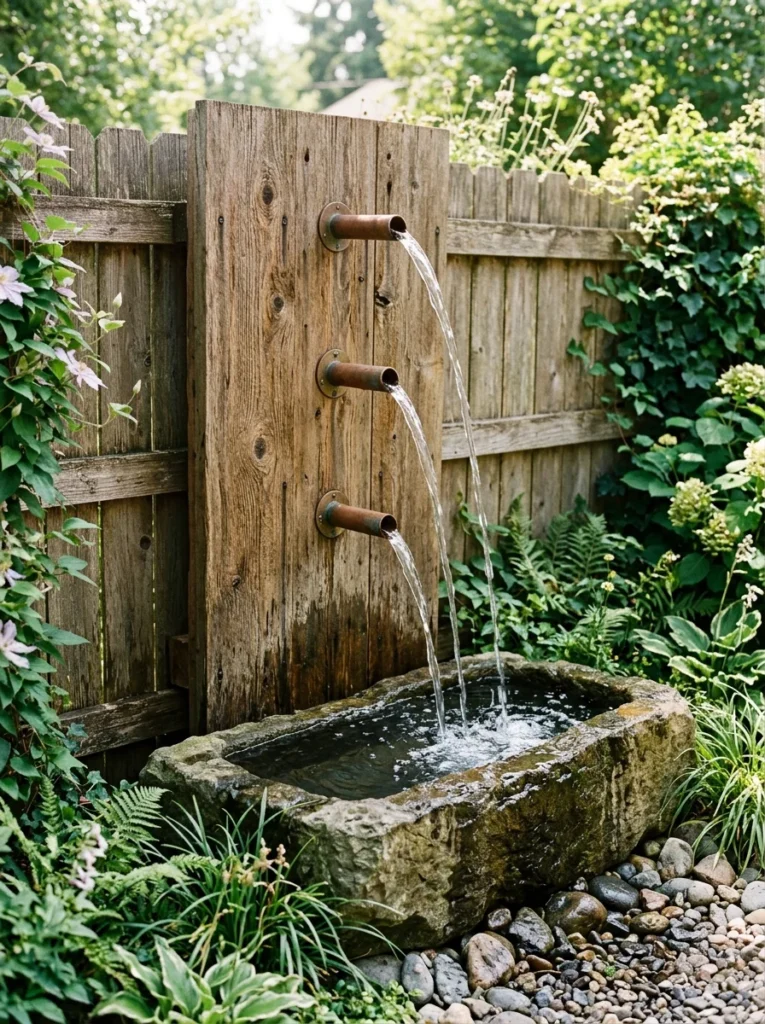 DIY copper pipe wall fountain mounted on a wooden fence