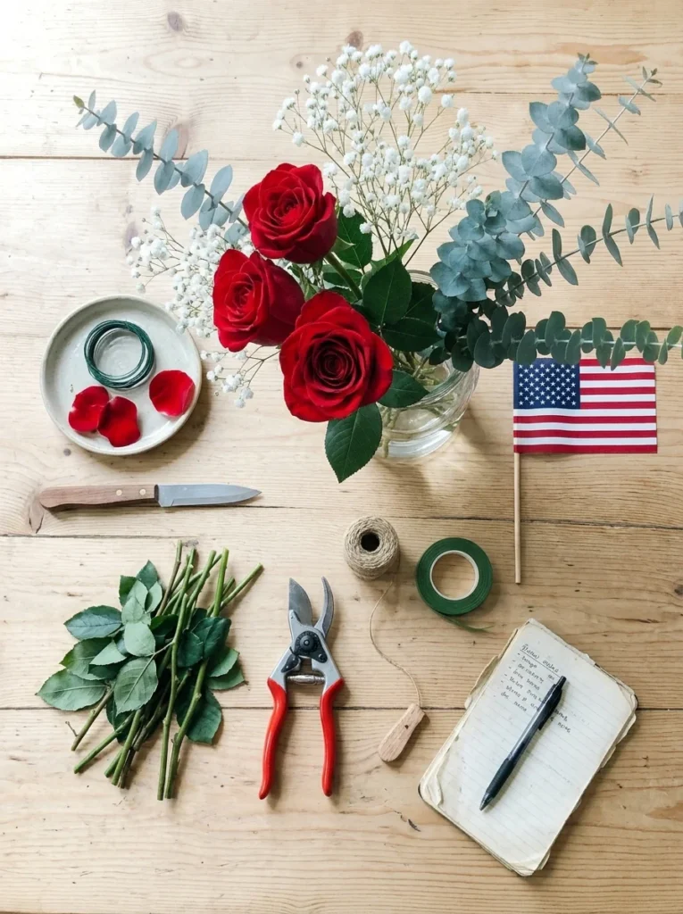 patriotic flower arrangements: Flat lay of flowers and tools needed to make a patriotic centerpiece.