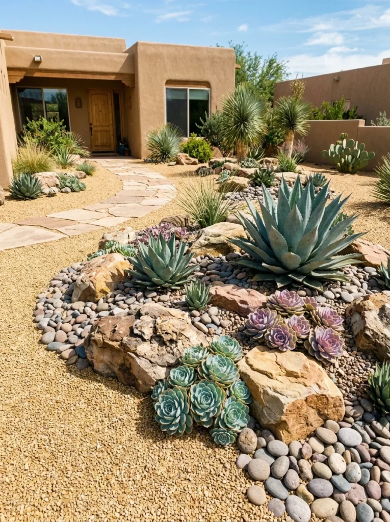 Classic desert succulent rock garden with agave and echeveria among river stones