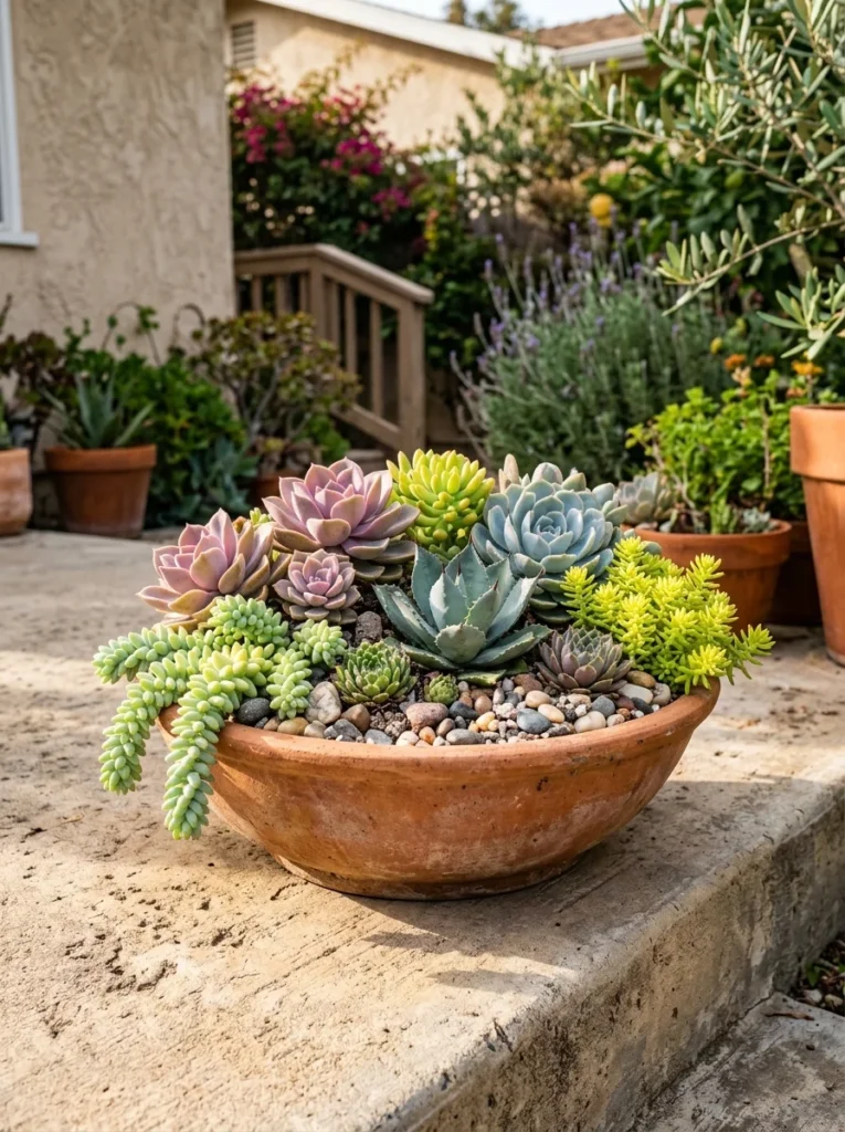 full sun succulent planter ideas for patio.