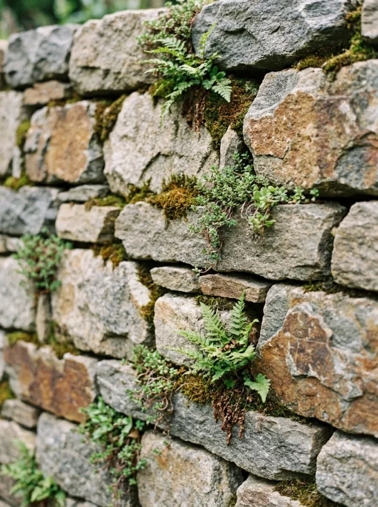 Dry stack natural stone retaining wall with fieldstone and moss