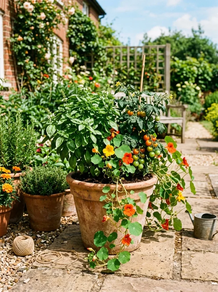 edible herb flower full sun planter combination.