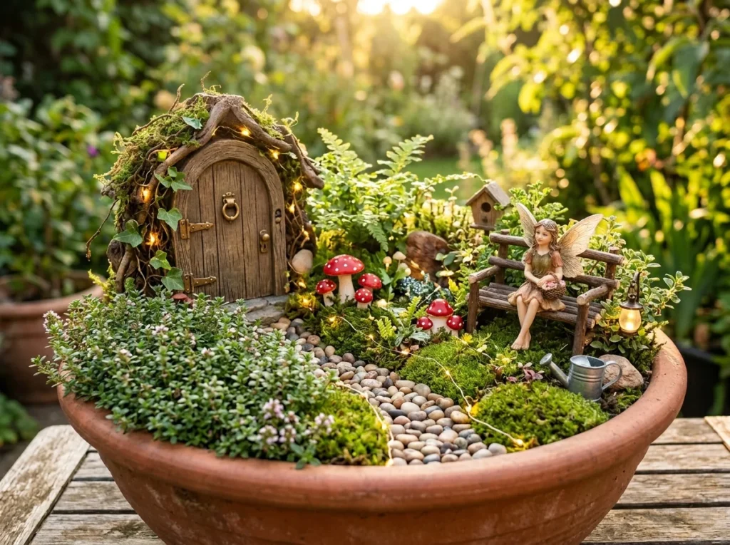 fairy garden ideas in a terracotta pot with moss, fairy figurines, and miniature wooden door