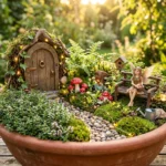 fairy garden ideas in a terracotta pot with moss, fairy figurines, and miniature wooden door