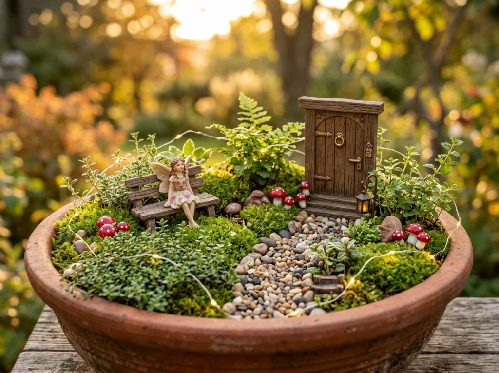 fairy garden ideas in a terracotta pot with moss and miniature decorations
