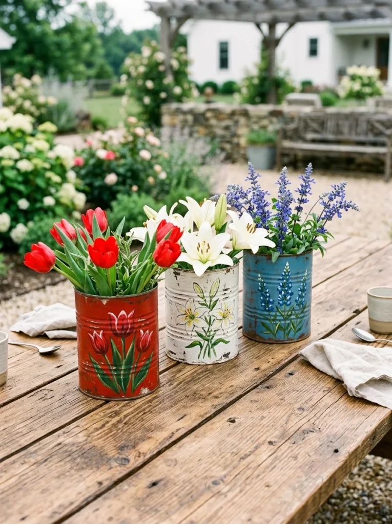 Three tin cans painted red white and blue used as vases for patriotic flowers.