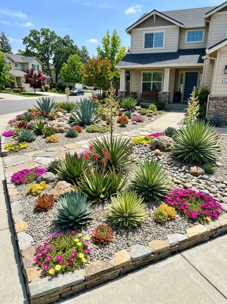 Front yard curb appeal succulent rock garden replacing lawn with agave and ice plant  