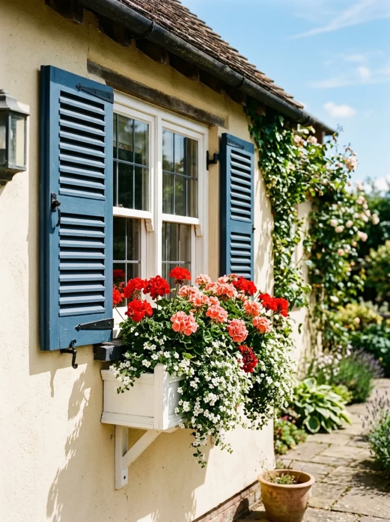full sun window box ideas with geraniums and bacopa.