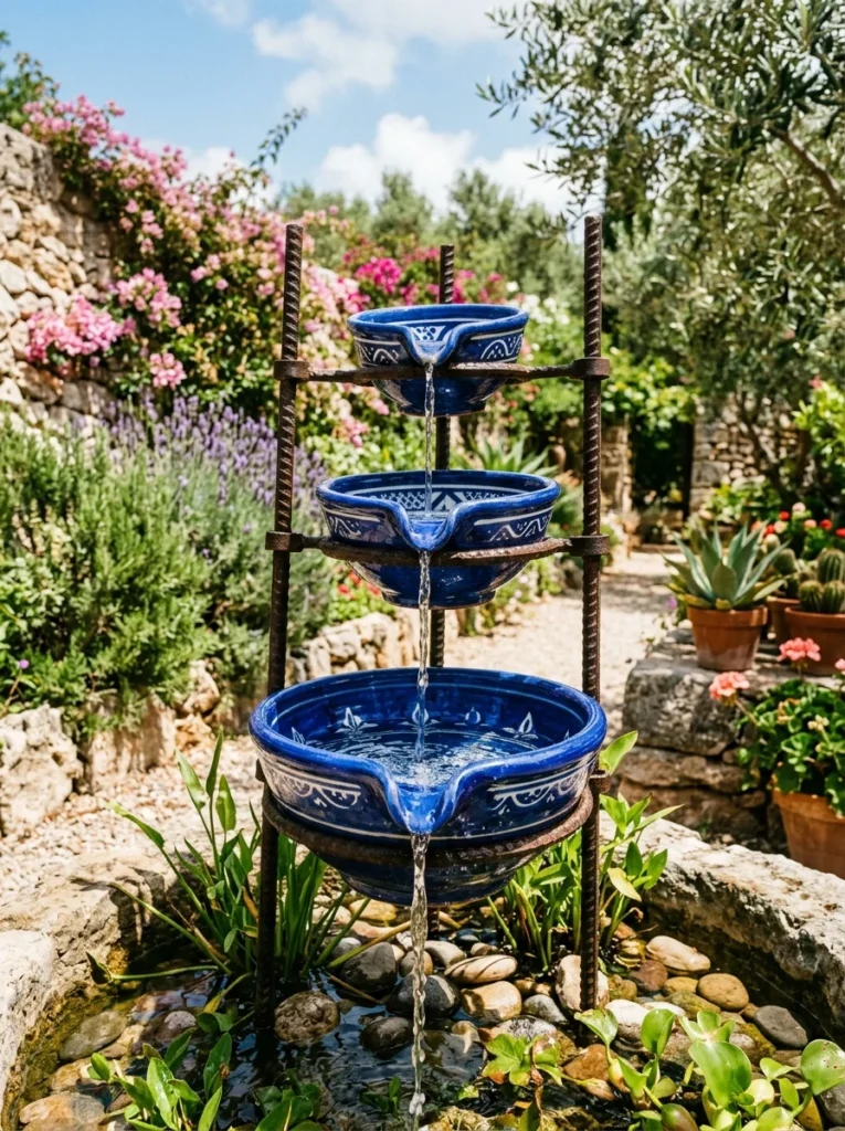 Tiered glazed ceramic pot DIY water fountain in blue