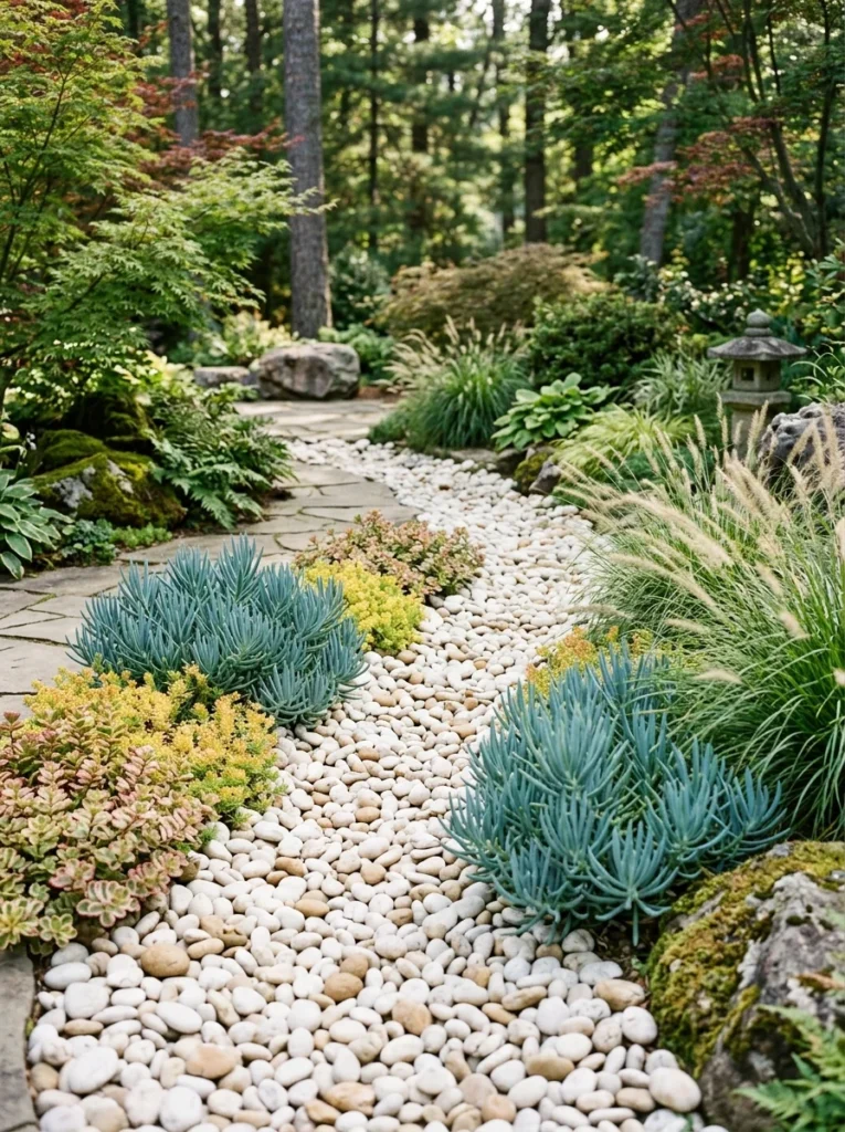 Dry river bed succulent garden with blue chalk sticks and rounded river pebbles