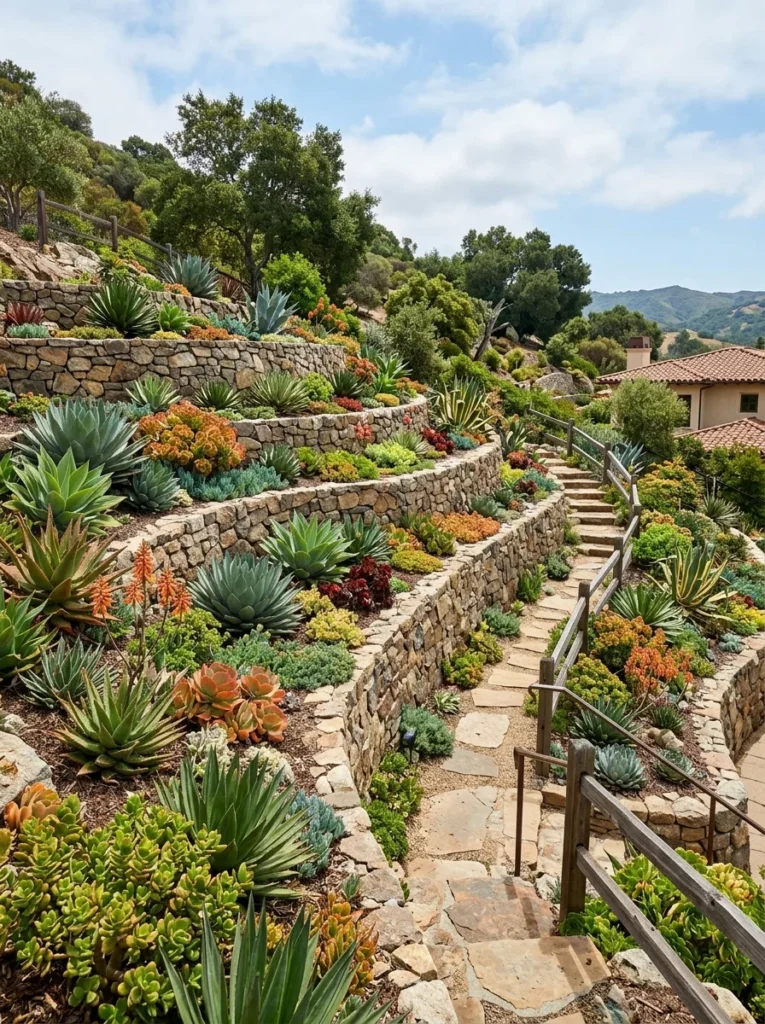 Tiered hillside succulent rock garden on a slope with sedums and aloes 
