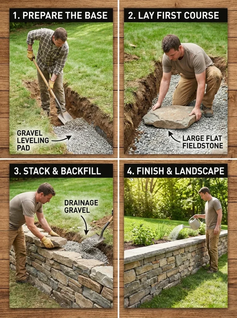 Man building a dry stack natural rock retaining wall on a gravel base