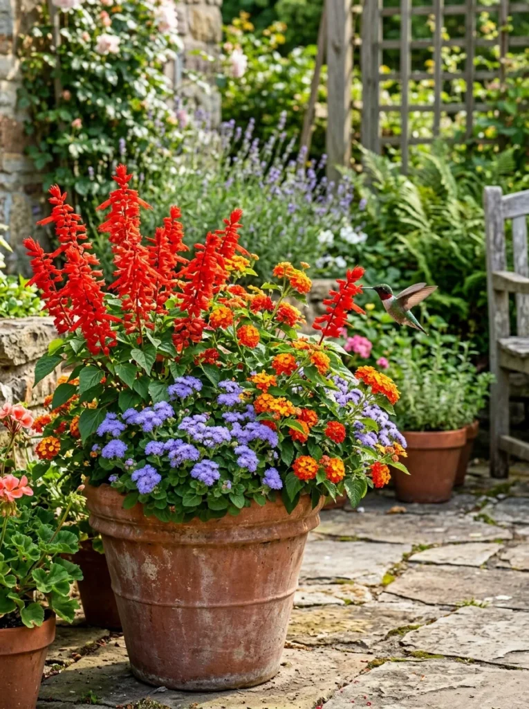 full sun planter ideas that attract hummingbirds and butterflies.
