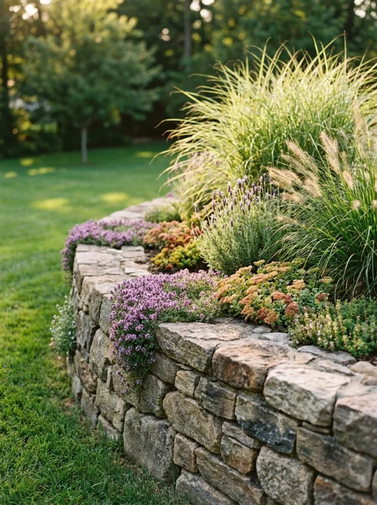 Natural stone retaining wall with creeping thyme, lavender, and ornamental grasses
