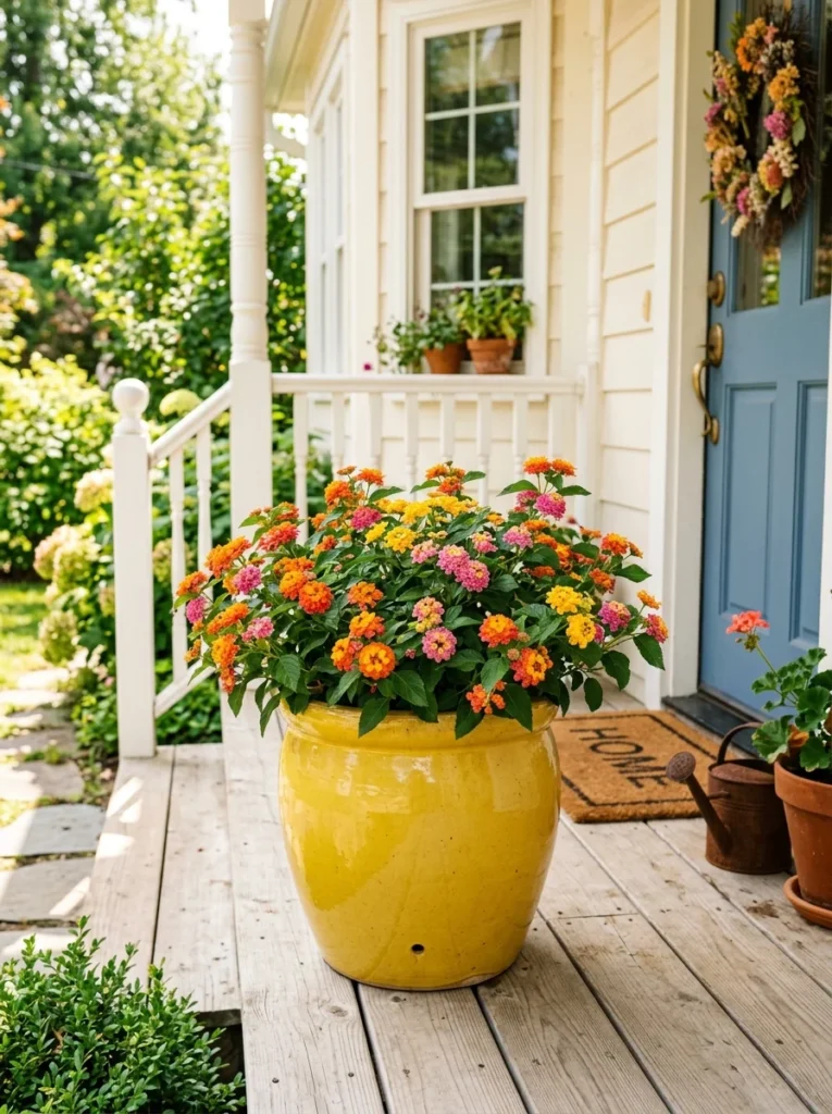 low maintenance full sun planter with lantana.