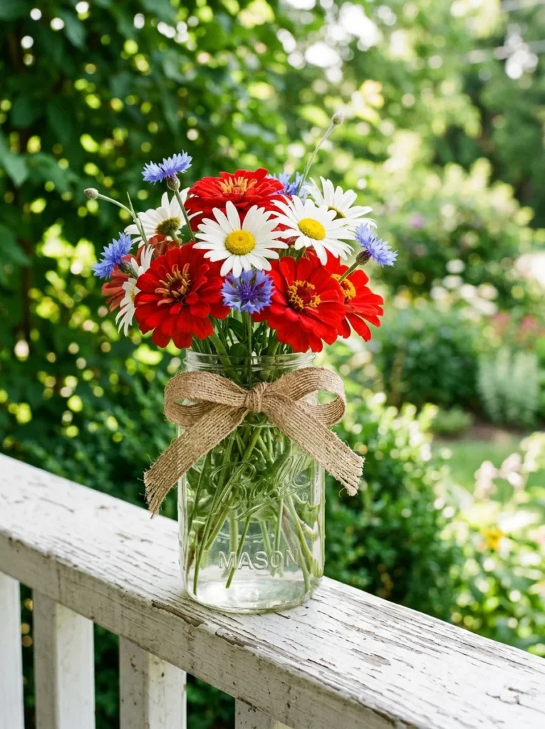 Simple DIY patriotic flower arrangement in a mason jar with burlap ribbon.