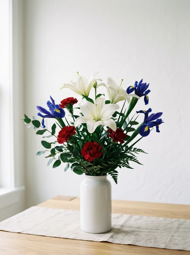 A solemn white lily and blue iris arrangement for Memorial Day.