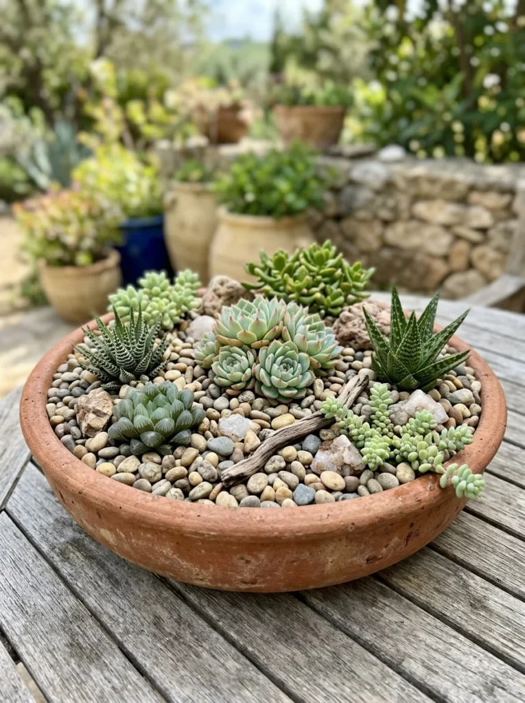 Mini container succulent rock garden in terracotta pot with echeveria and haworthia 