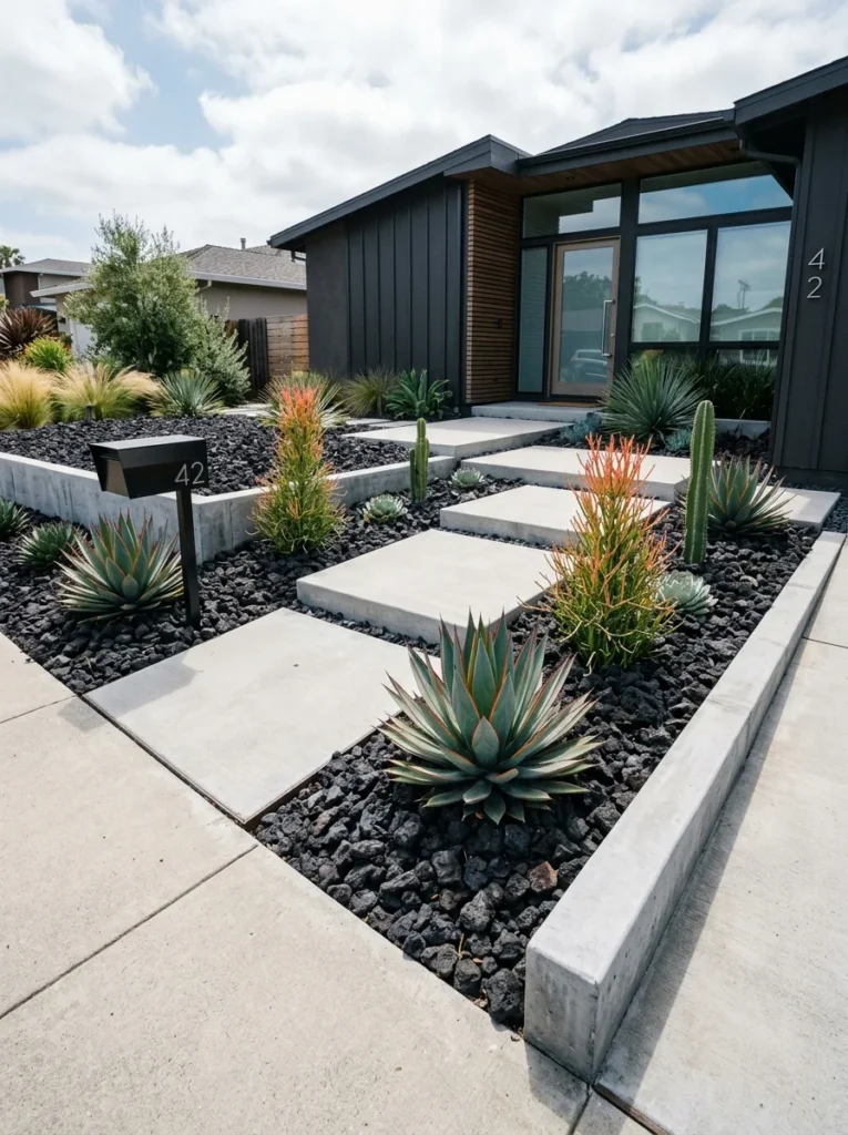 Modern geometric succulent rock garden with lava rock and agave blue glow 