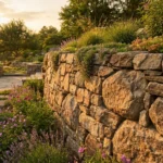 Natural rock retaining wall with dry-stack fieldstone in a landscaped backyard