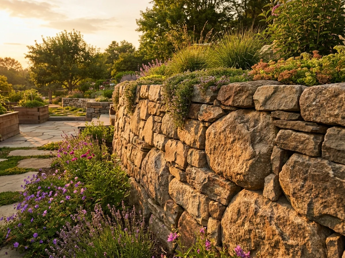 Natural rock retaining wall with dry-stack fieldstone in a landscaped backyard