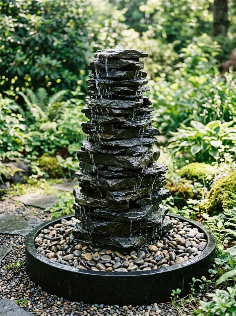 DIY stacked slate sheet water fountain for backyard