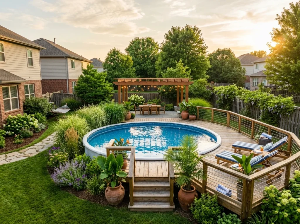 Nice above ground pool ideas with wood deck and landscaping