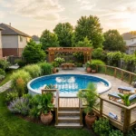 Nice above ground pool ideas with wood deck and landscaping