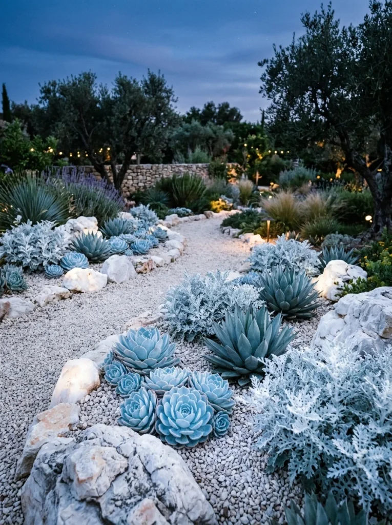 Night garden succulent rock garden with white quartzite and silver-blue succulents  