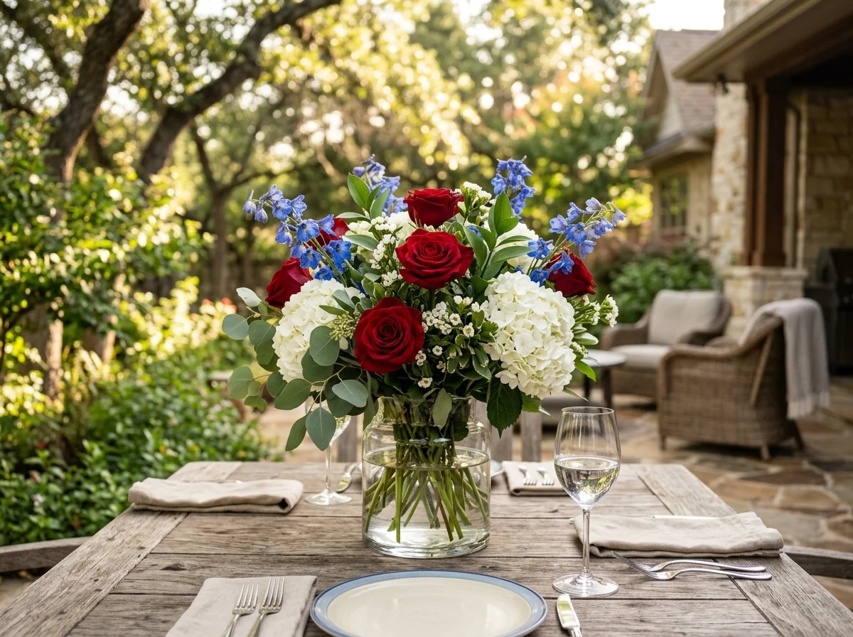 patriotic flower arrangements: A luxury red white and blue floral centerpiece featuring roses and hydrangeas on a garden table.