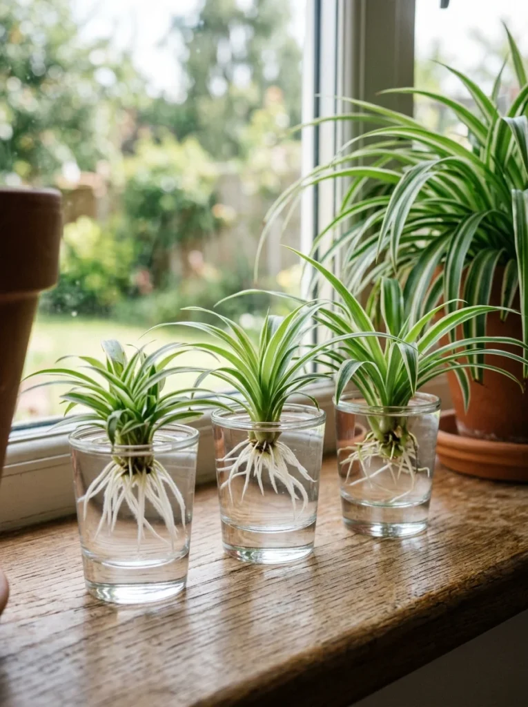 Spider plant babies with roots in glasses of water being propagated