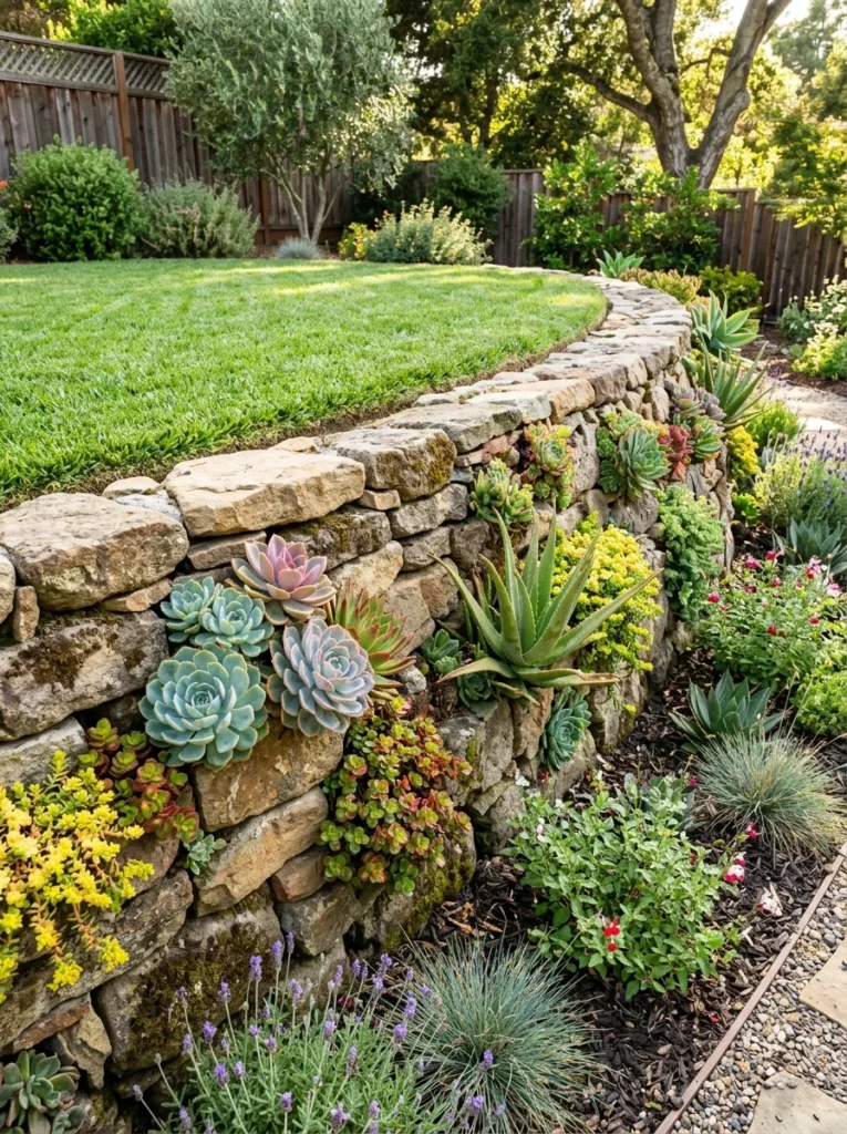  Retaining wall succulent rock garden with plants growing from stone crevices 