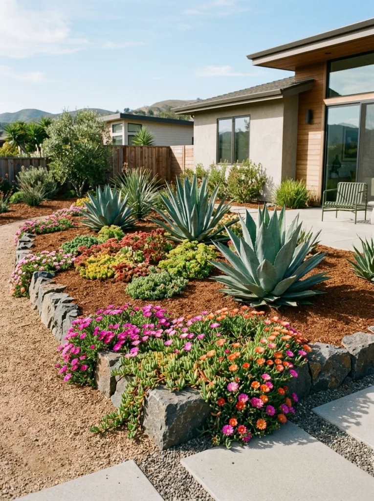 Succulent landscape with decomposed granite rock mulch, agave and sedum  