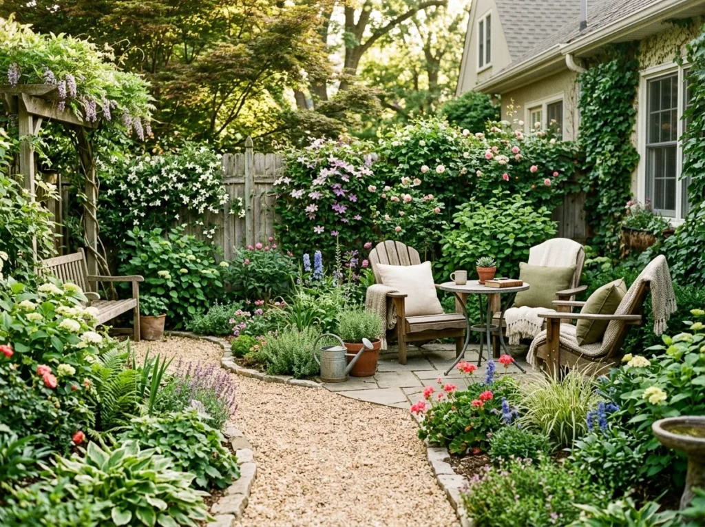 small backyard garden ideas with layered plants seating area and gravel path