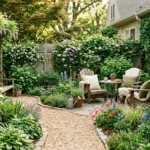 small backyard garden ideas with layered plants seating area and gravel path