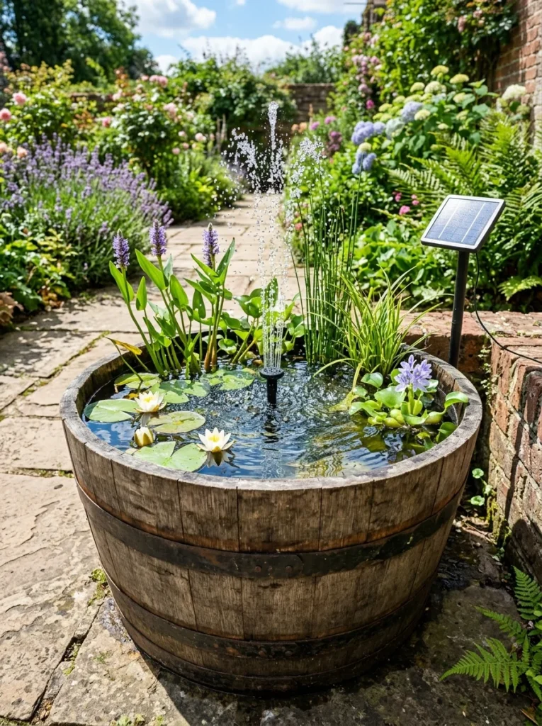 Solar-powered DIY water fountain in a wooden half barrel