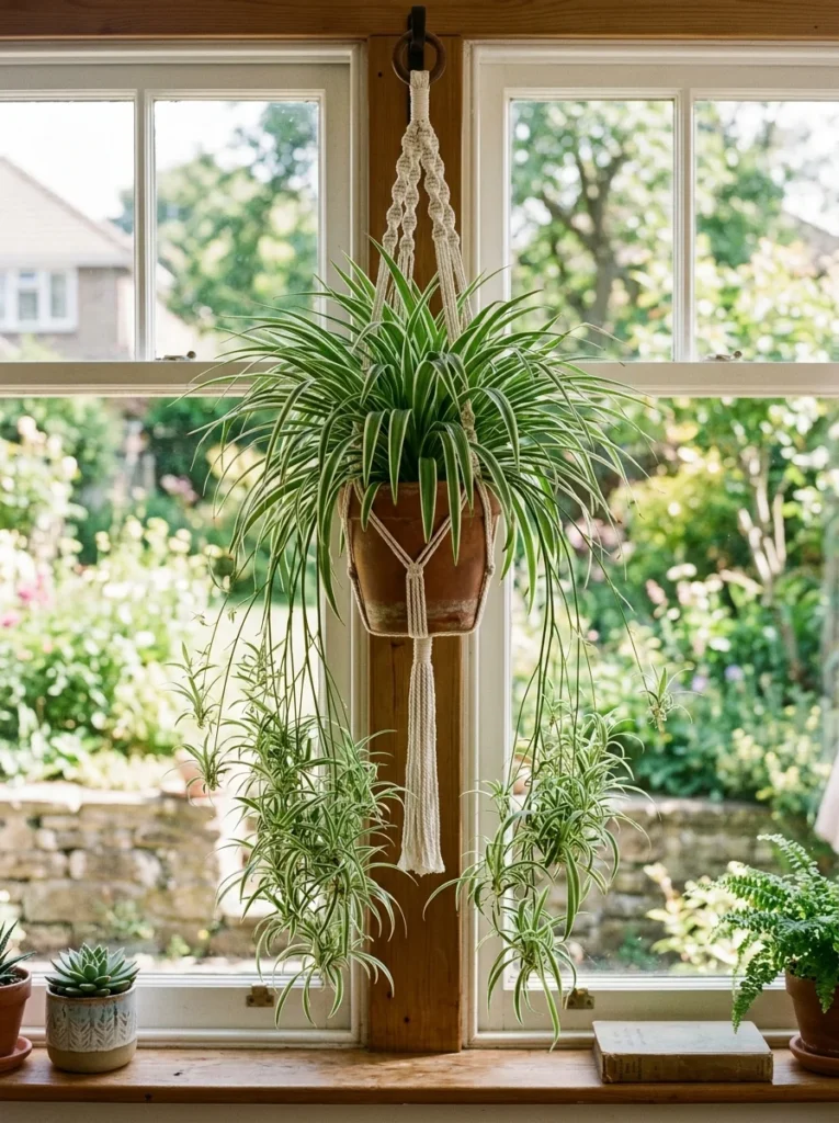 Healthy spider plant with white-striped green leaves in a hanging basket indoors