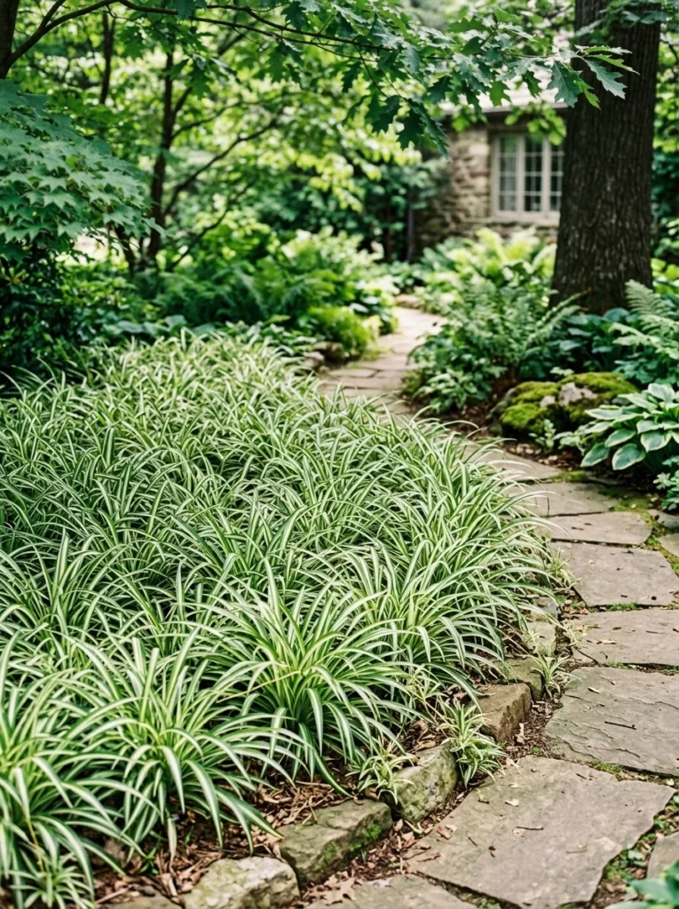 Spider plants growing as ground cover in a shaded outdoor garden