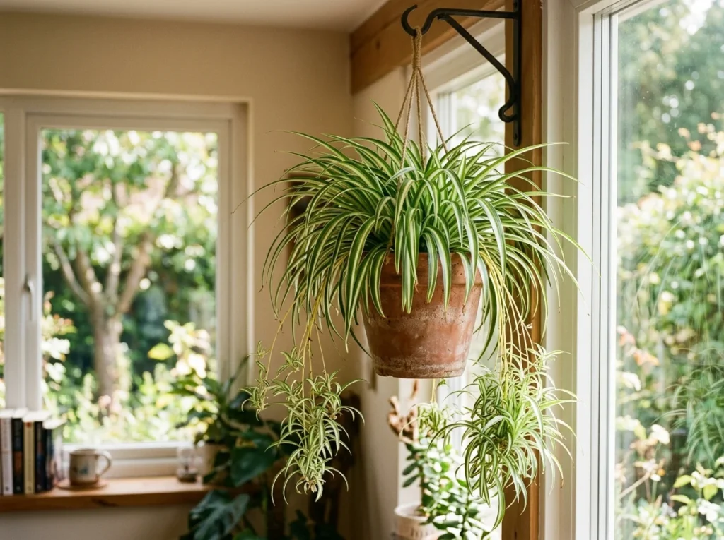 Lush spider plant with striped leaves and trailing babies in a terracotta hanging basket