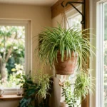 Lush spider plant with striped leaves and trailing babies in a terracotta hanging basket